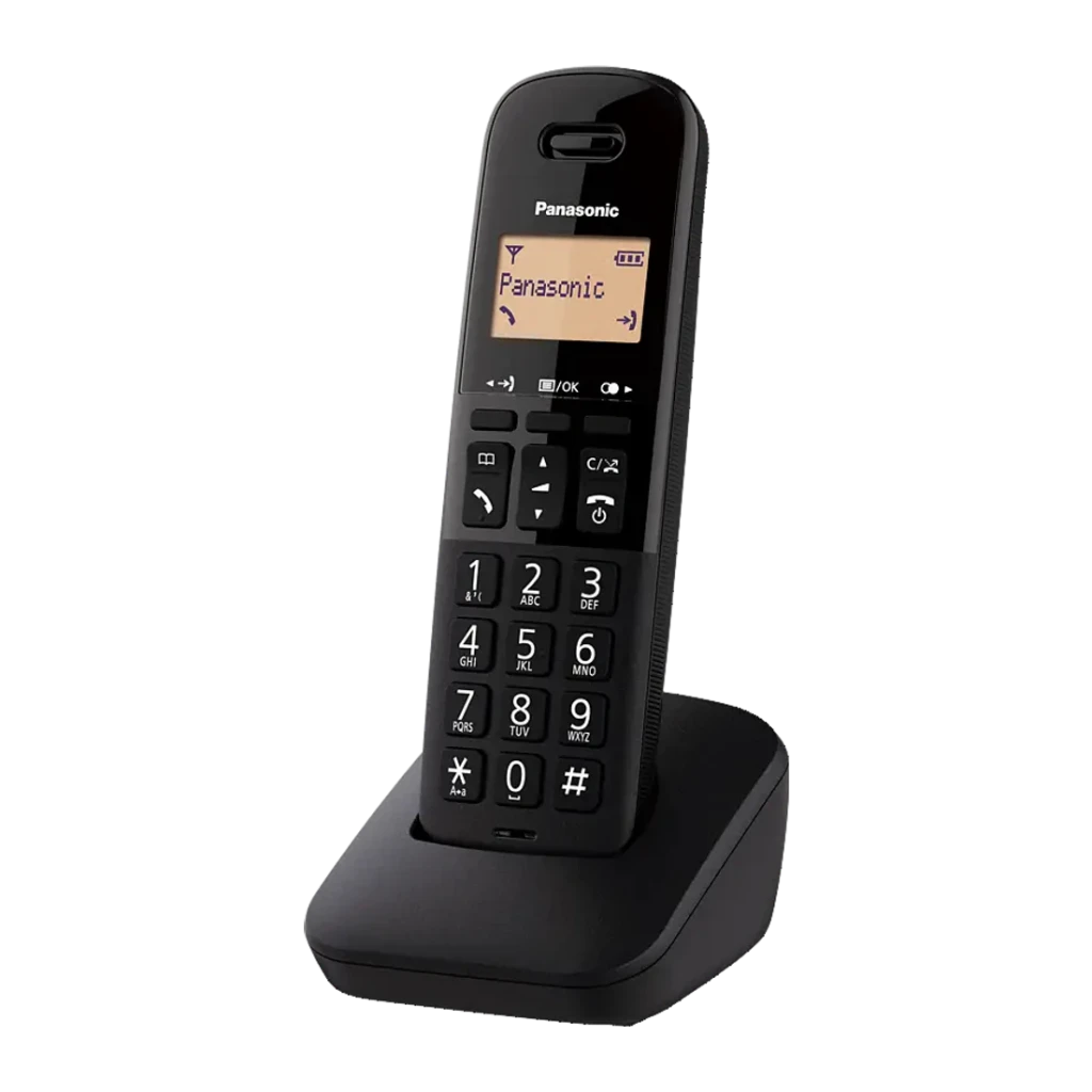 Panasonic KX-TGB610 negro, vista frontal en base: auricular con pantalla iluminada y teclado numérico grande