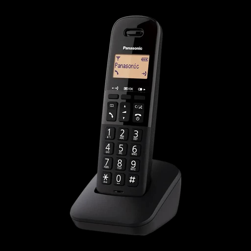 Panasonic KX-TGB610 negro, vista frontal en base: auricular con pantalla iluminada y teclado numérico grande