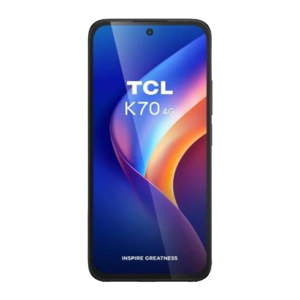 TCL K70 5G 4GB/128GB Negro 6,8 pulgadas 5200mAh 50MP, vista frontal: pantalla encendida con logo TCL K70 y cámara perforada