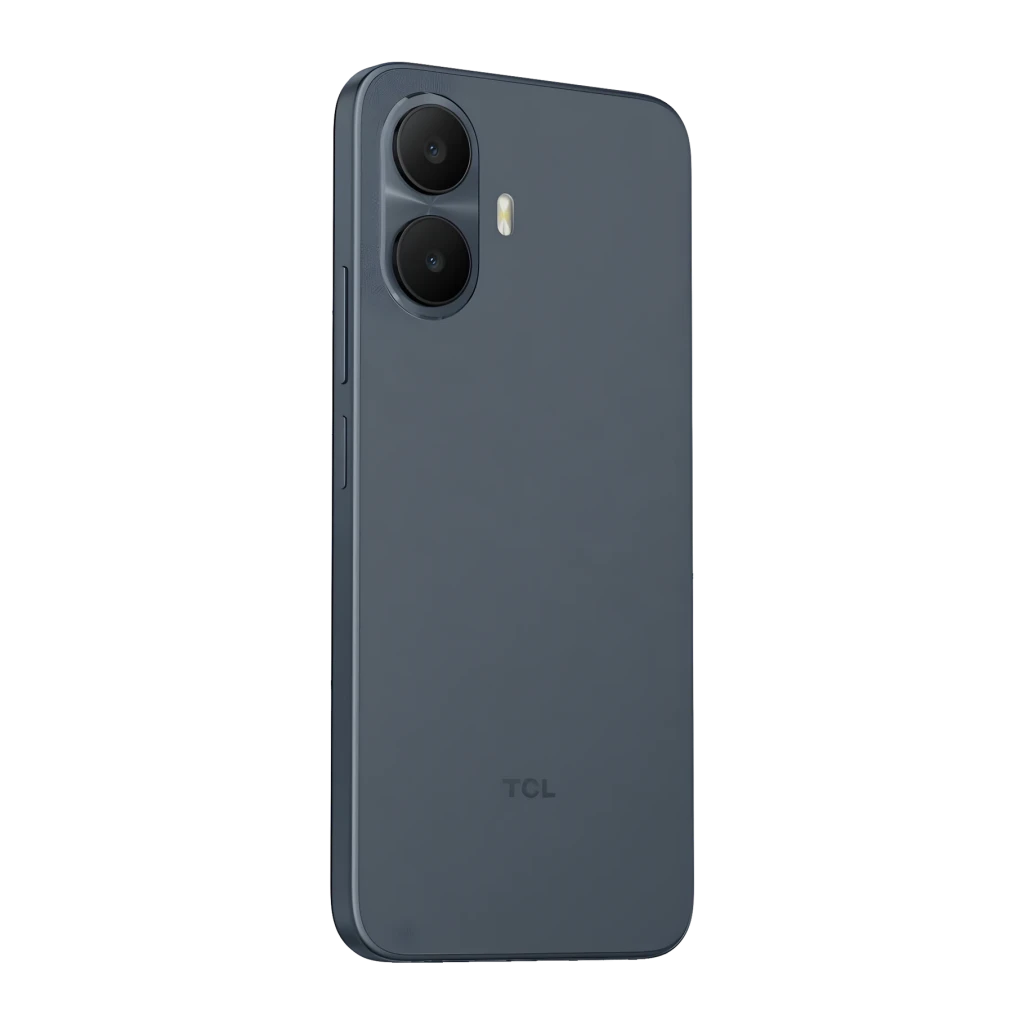 TCL K70 5G 4GB/128GB Negro 6,8 pulgadas 5200mAh 50MP, vista trasera en ángulo: módulo de cámaras dual y logo TCL