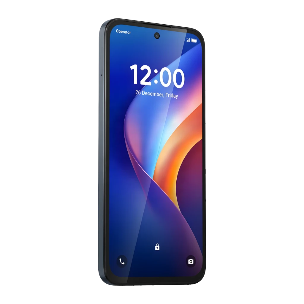 TCL K70 5G 4GB/128GB Negro 6,8 pulgadas 5200mAh 50MP, vista frontal en ángulo: pantalla encendida con fondo degradado azul