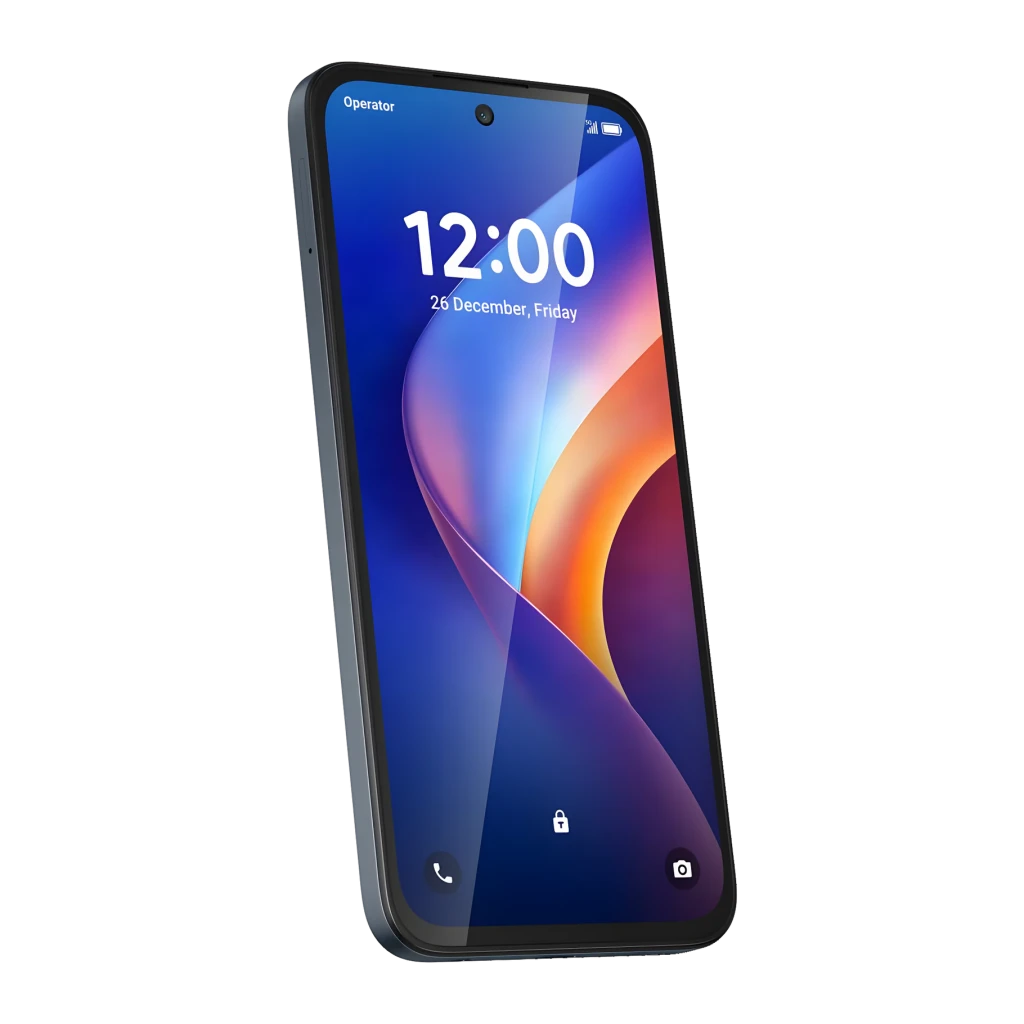 TCL K70 5G 4GB/128GB Negro 6,8 pulgadas 5200mAh 50MP, vista frontal en ángulo: pantalla encendida con fondo de ola colorida