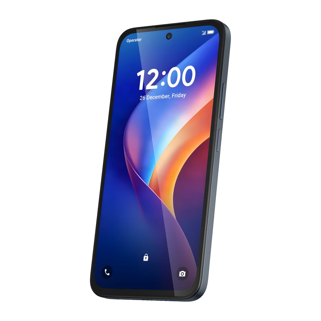 TCL K70 5G 4GB/128GB Negro 6,8 pulgadas 5200mAh 50MP, vista frontal en ángulo: pantalla encendida con fondo colorido y hora