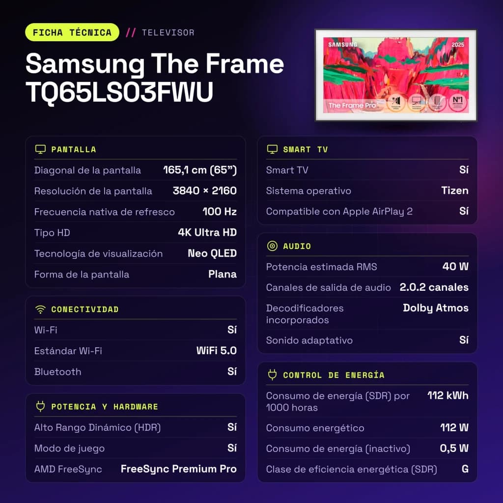 Samsung Televisor The Frame TQ65LS03FWU 65 pulgadas 4K Ultra HD Smart TV Negro - caractéristiques