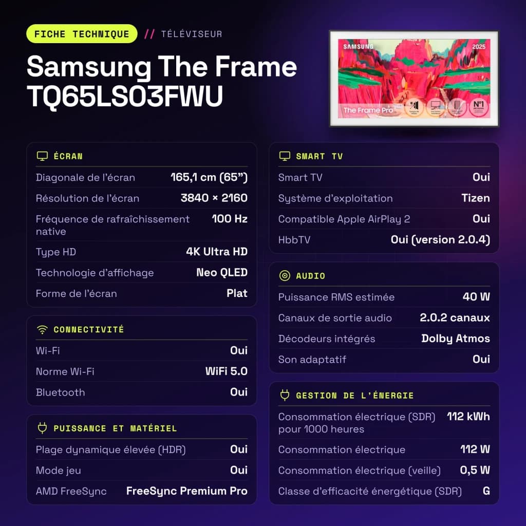 TV Samsung The Frame 65 pouces Neo QLED 144Hz 4K Ultra HD Noir TQ65LS03FWU - caractéristiques