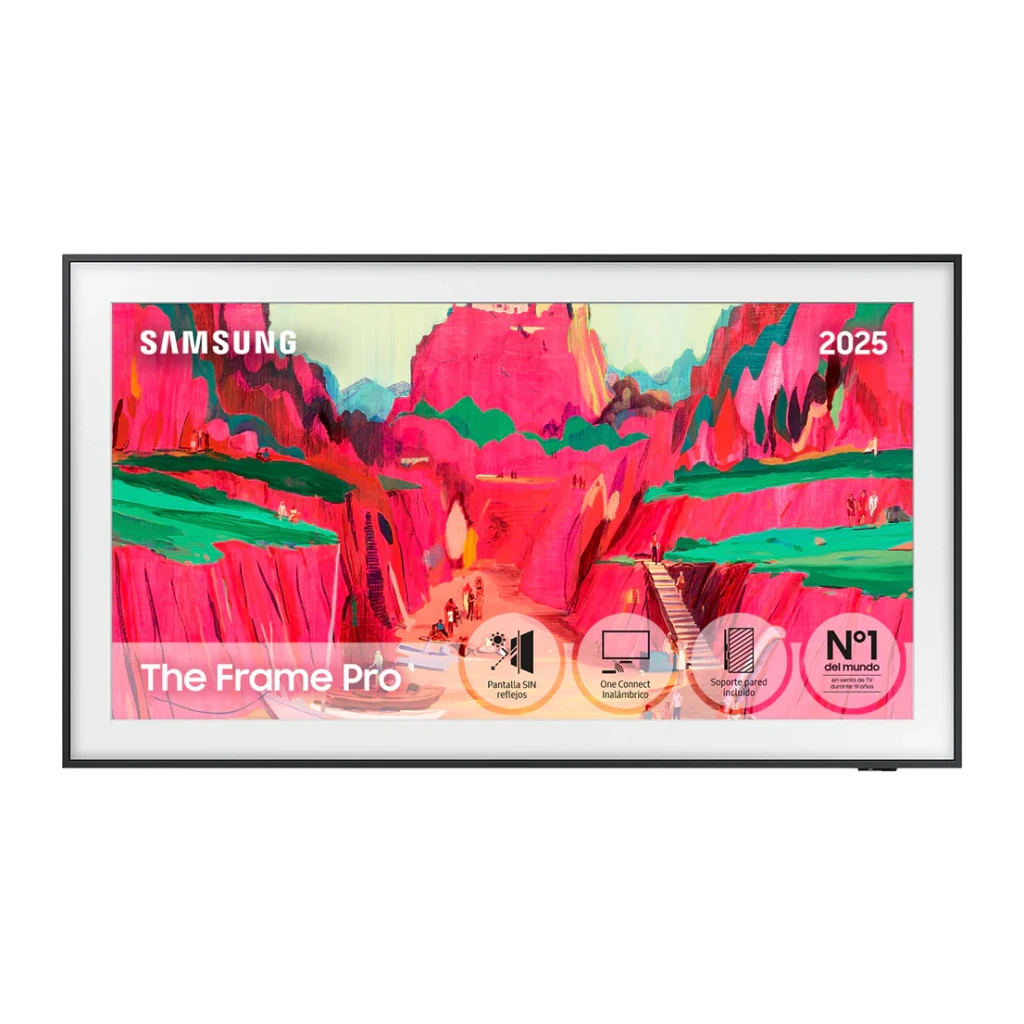 Samsung The Frame TQ65LS03FWU 65" 4K noir, face avant: écran affichant une œuvre colorée avec cadre noir fin