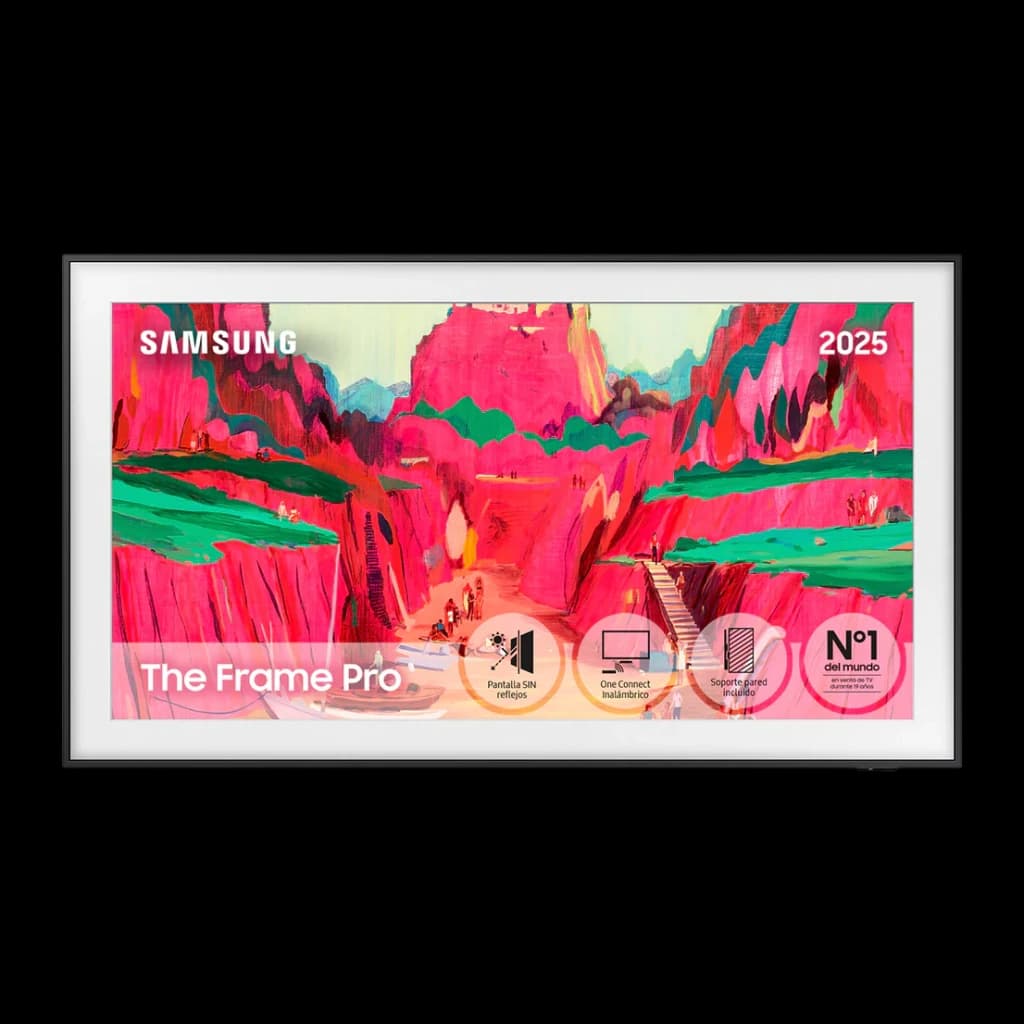 Samsung The Frame TQ65LS03FWU 65" 4K noir, face avant: écran affichant une œuvre colorée avec cadre noir fin