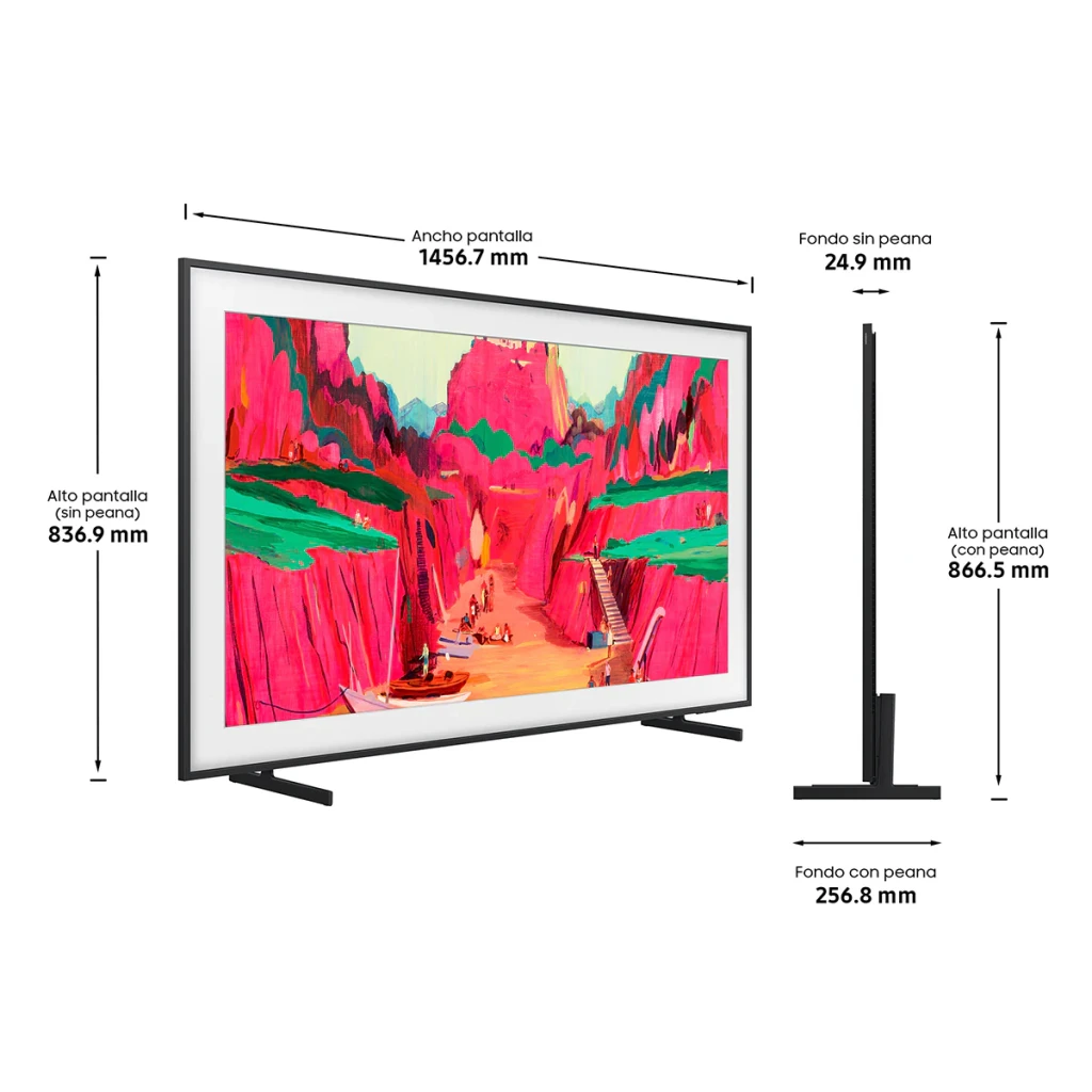TV Samsung The Frame 65 pouces Neo QLED 4K 144Hz noir, cadre fin, pieds discrets, écran plat ultra mince 24.9 mm, dimensions 1456.7 x 836.9 mm