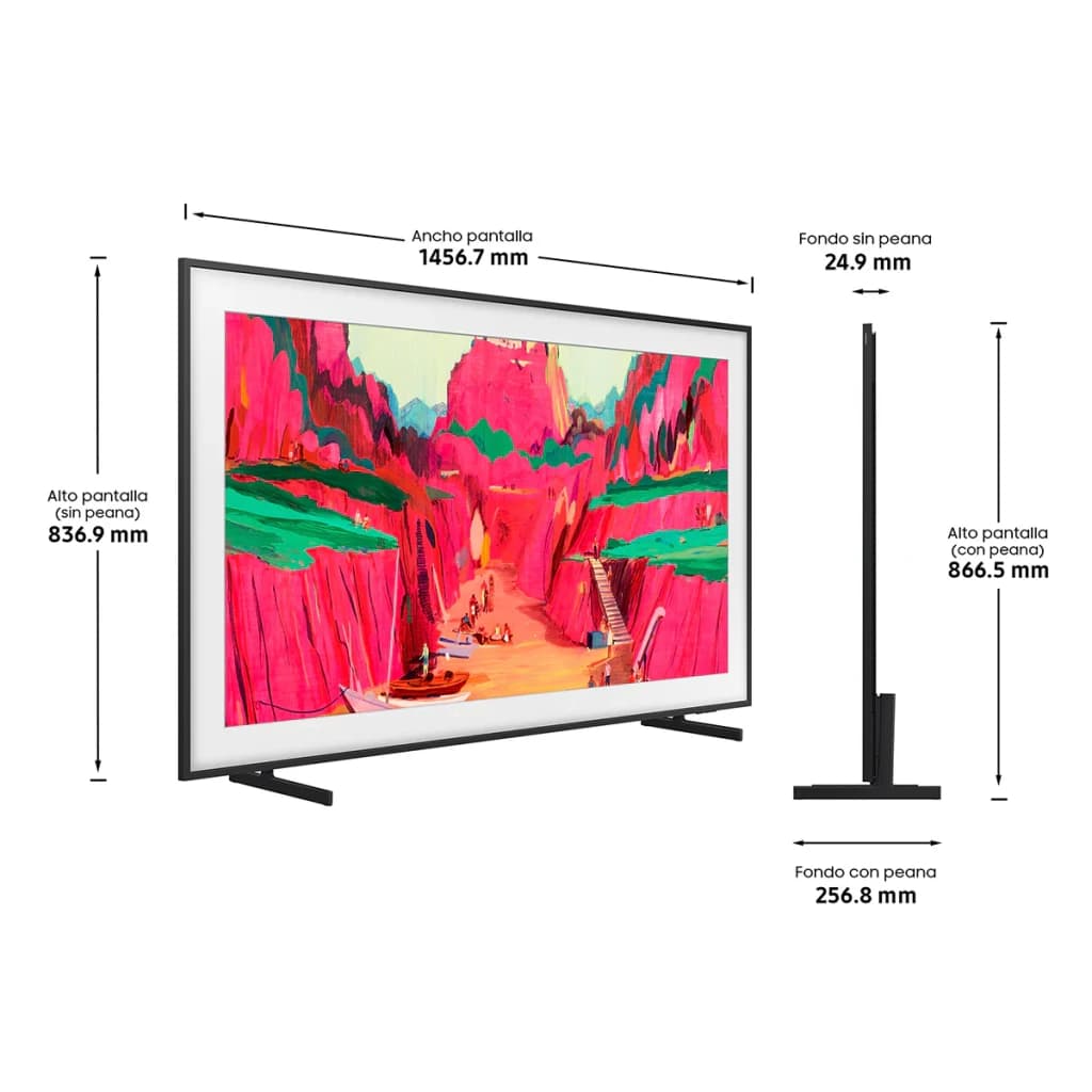 TV Samsung The Frame 65 pouces Neo QLED 4K 144Hz noir, cadre fin, pieds discrets, écran plat ultra mince 24.9 mm, dimensions 1456.7 x 836.9 mm