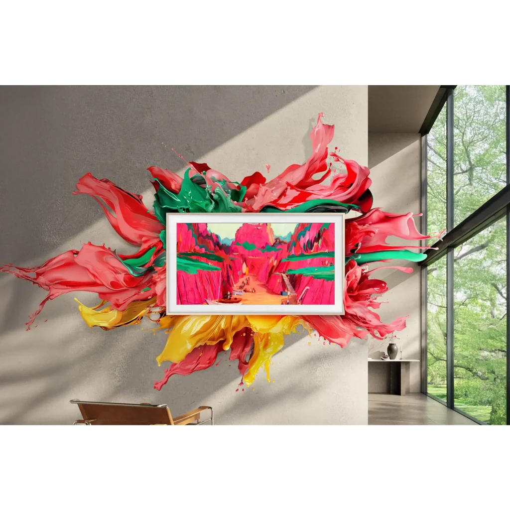 TV Samsung The Frame 65 pouces Neo QLED 4K 144Hz Noir cadre blanc affichage art vibrant monté au mur éclaboussures colorées contrastes intenses