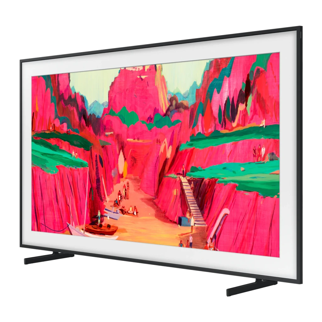 TV Samsung The Frame 65 pouces Neo QLED 4K 144Hz cadre fin noir écran plat style tableau couleurs vives mode Art pieds discrets façade blanche
