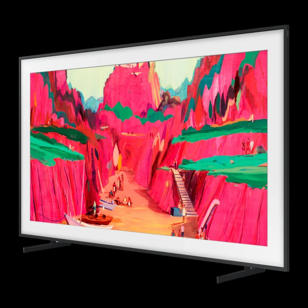 TV Samsung The Frame 65 pouces Neo QLED 4K 144Hz cadre fin noir écran plat style tableau couleurs vives mode Art pieds discrets façade blanche
