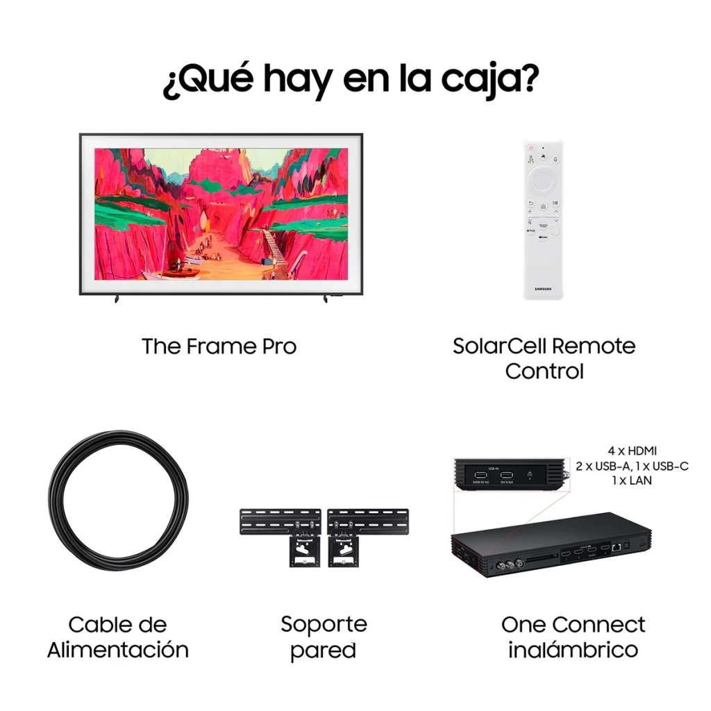 TV Samsung The Frame 65 pouces Neo QLED 4K 144Hz Noir avec One Connect sans fil, SolarCell Remote, 4 HDMI, USB-C, USB, LAN et support mural inclus