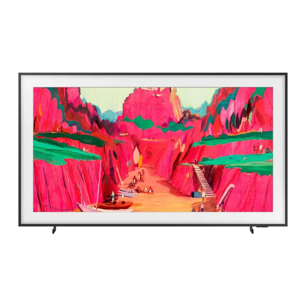 TV Samsung The Frame 65 pouces Neo QLED 4K 144Hz noir avec cadre fin blanc, écran plat au rendu artistique, couleurs vives et contraste précis