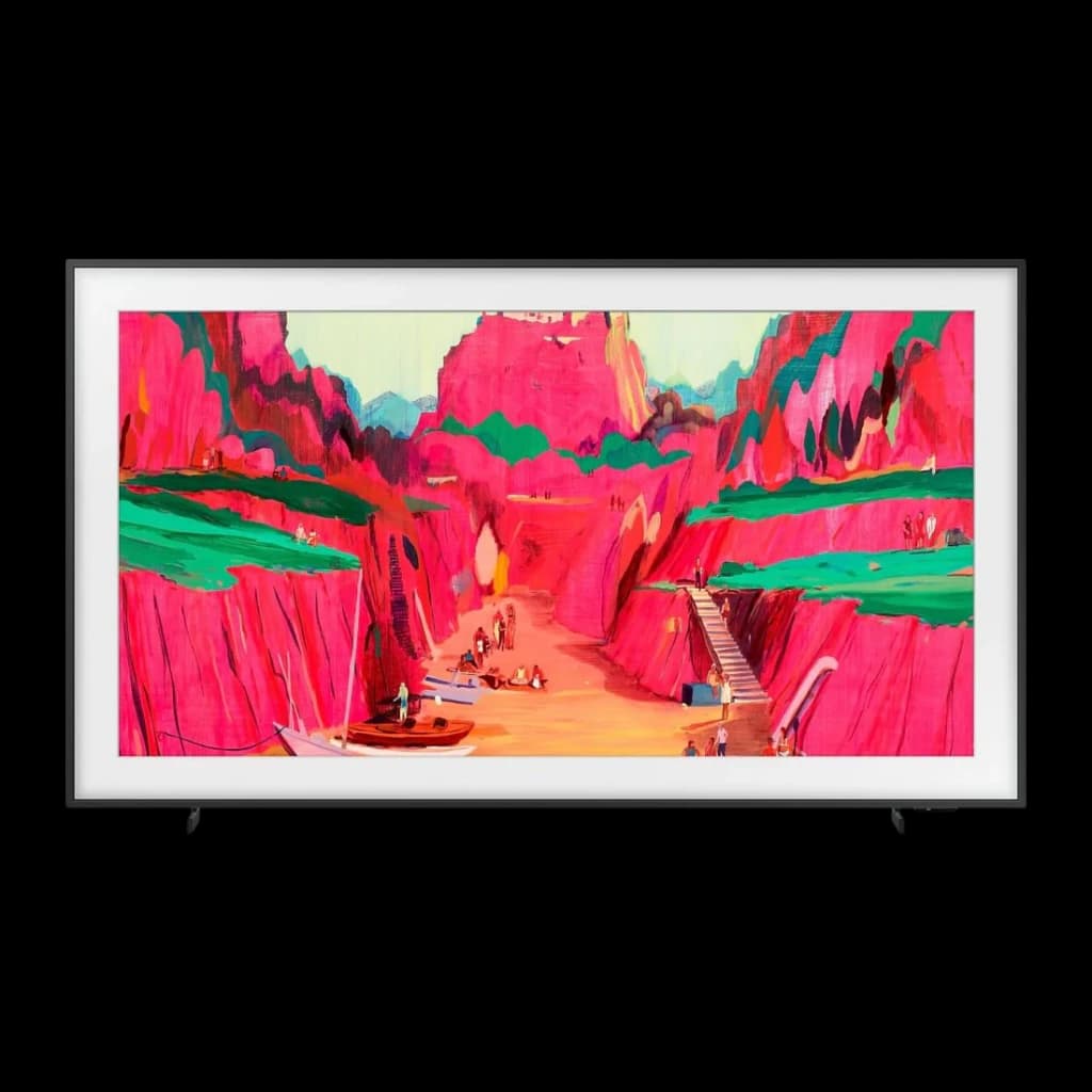 TV Samsung The Frame 65 pouces Neo QLED 4K 144Hz noir avec cadre fin blanc, écran plat au rendu artistique, couleurs vives et contraste précis