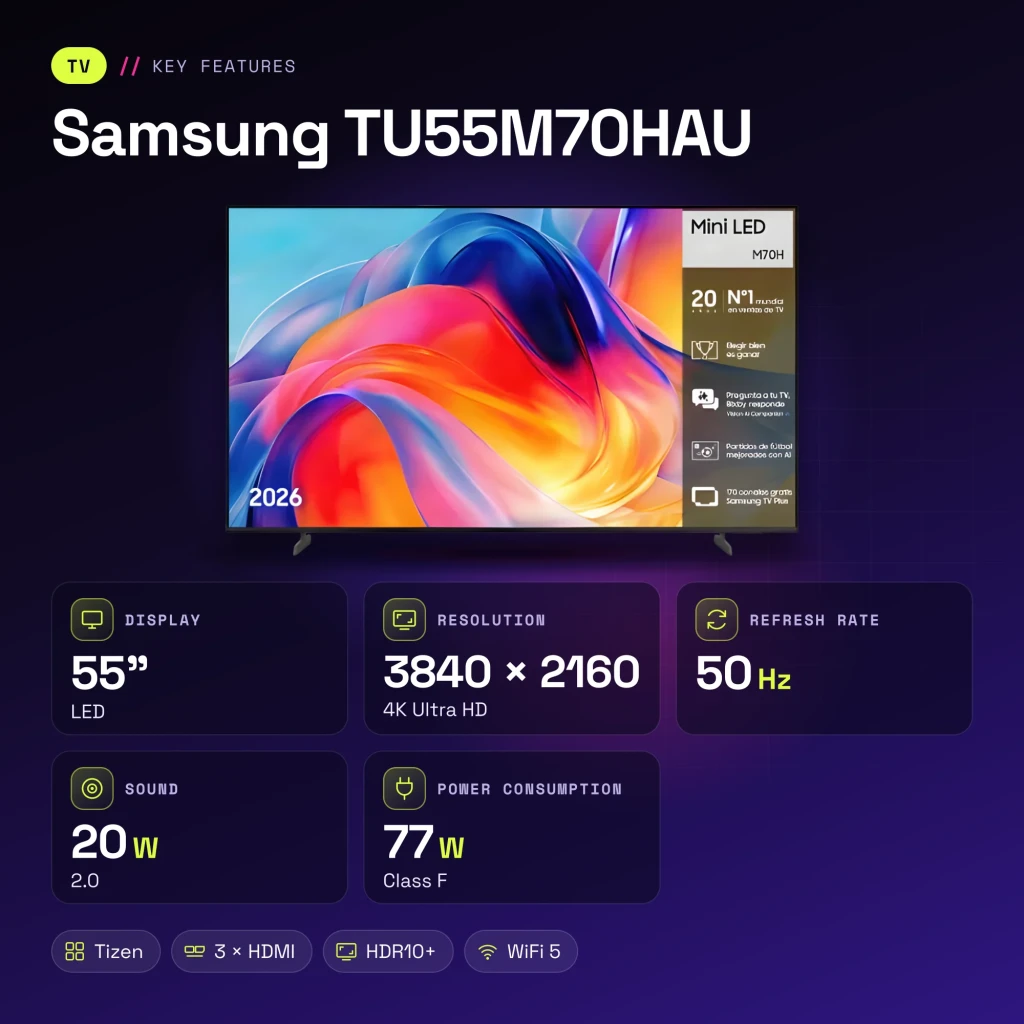 Samsung Televisor TU55M70HAU 55 pulgadas 4K Ultra HD Smart TV Negro - características