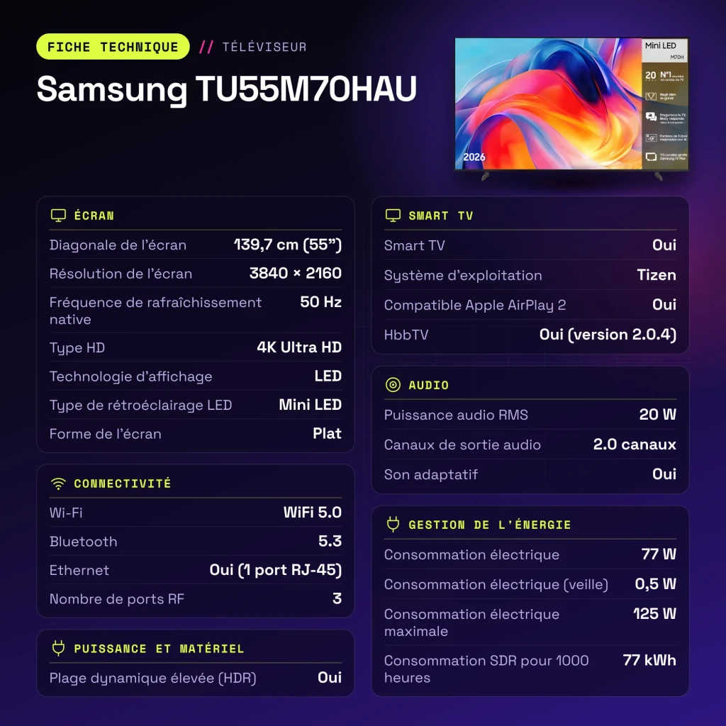 Samsung Televisor TU55M70HAU 55 pulgadas 4K Ultra HD Smart TV Negro - características