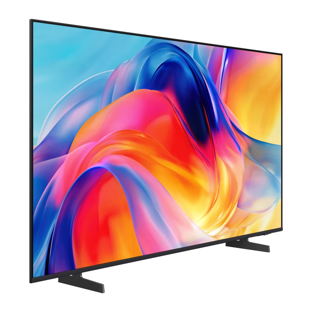 Samsung Televisor TU55M70HAU 55" 4K negro, vista lateral: pantalla con imagen abstracta vibrante y marco fino negro