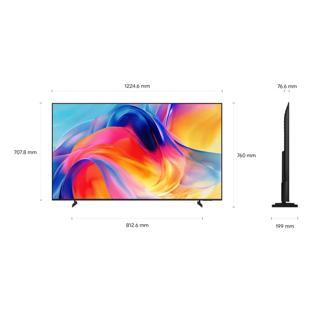 Samsung Televisor TU55M70HAU 55 pulgadas 4K Negro, diagrama de dimensiones: vista frontal y lateral con medidas en mm