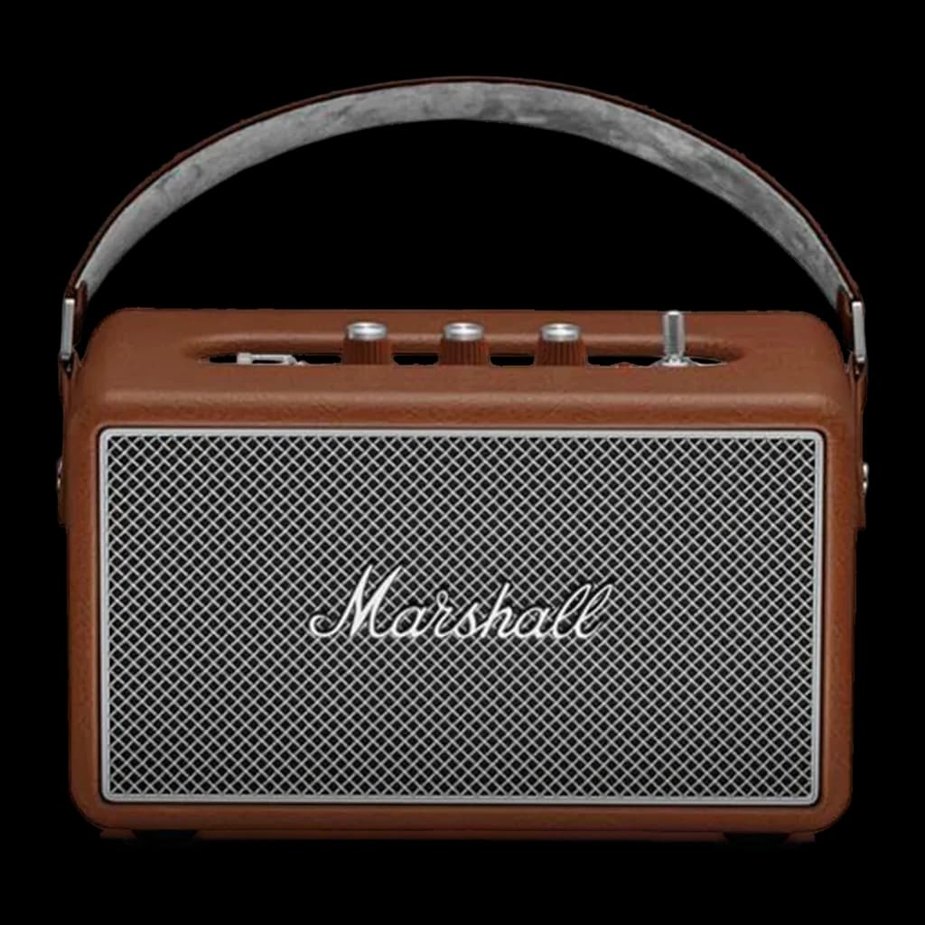 Coluna Bluetooth Marshall Kilburn III IP54 50W 50h Castanho, vista frontal: grelha metálica, logótipo cursivo e pega