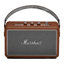 Coluna Bluetooth Marshall Kilburn III IP54 50W 50h Castanho, vista frontal: grelha metálica, logótipo cursivo e pega