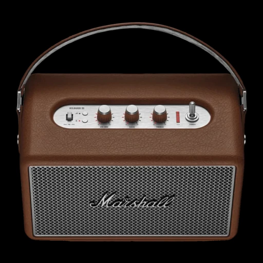 Coluna Bluetooth Marshall Kilburn III IP54 50W 50h Castanho, frente: grelha metálica, botões de volume graves agudos e pega