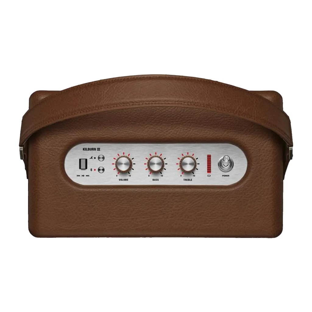 Altavoz Bluetooth Marshall Kilburn III IP54 50W 50h Marrón, vista frontal: panel de control con mandos de volumen, bajos