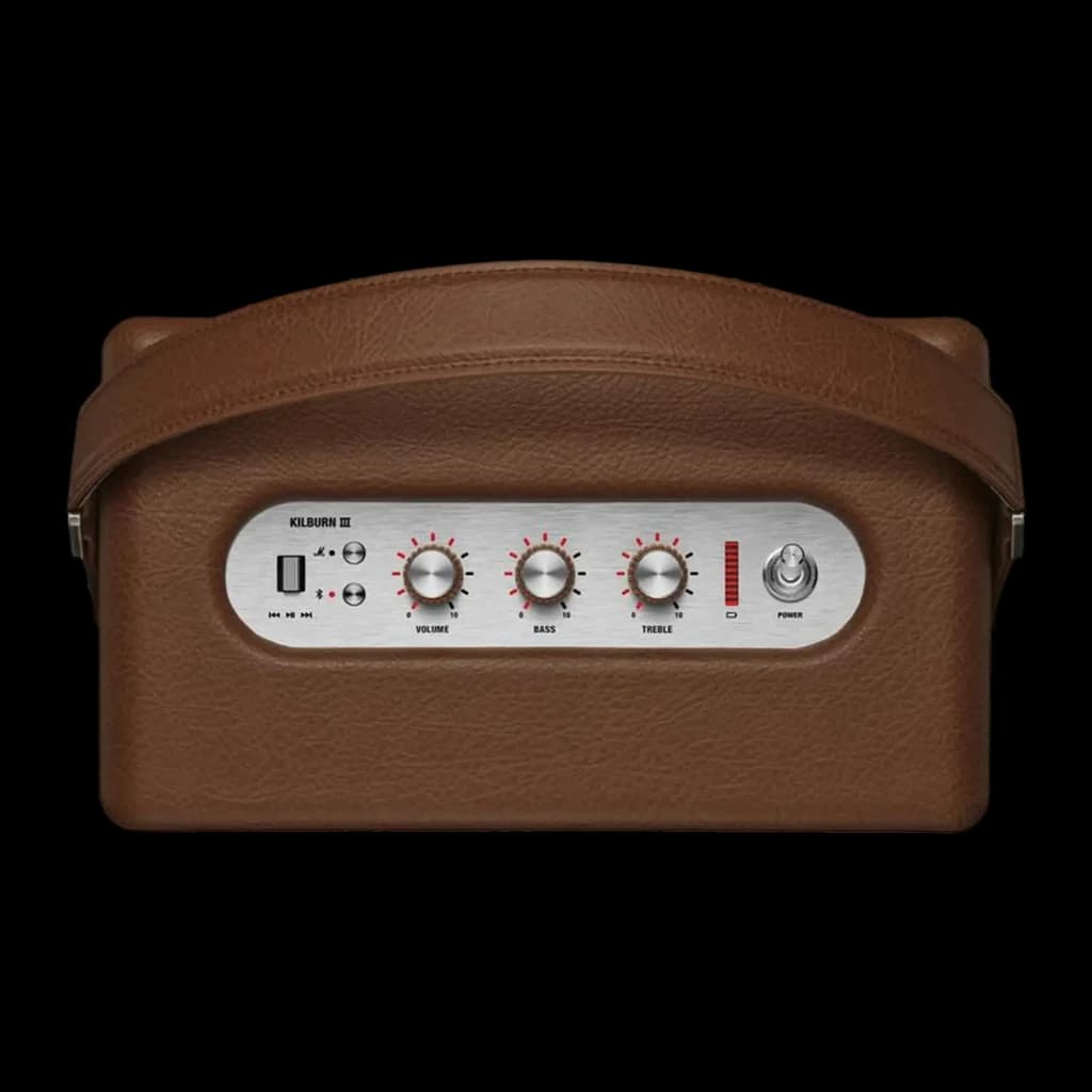 Coluna Bluetooth Marshall Kilburn III IP54 50W 50h Castanho, vista frontal: painel de controlo com botões de volume, graves