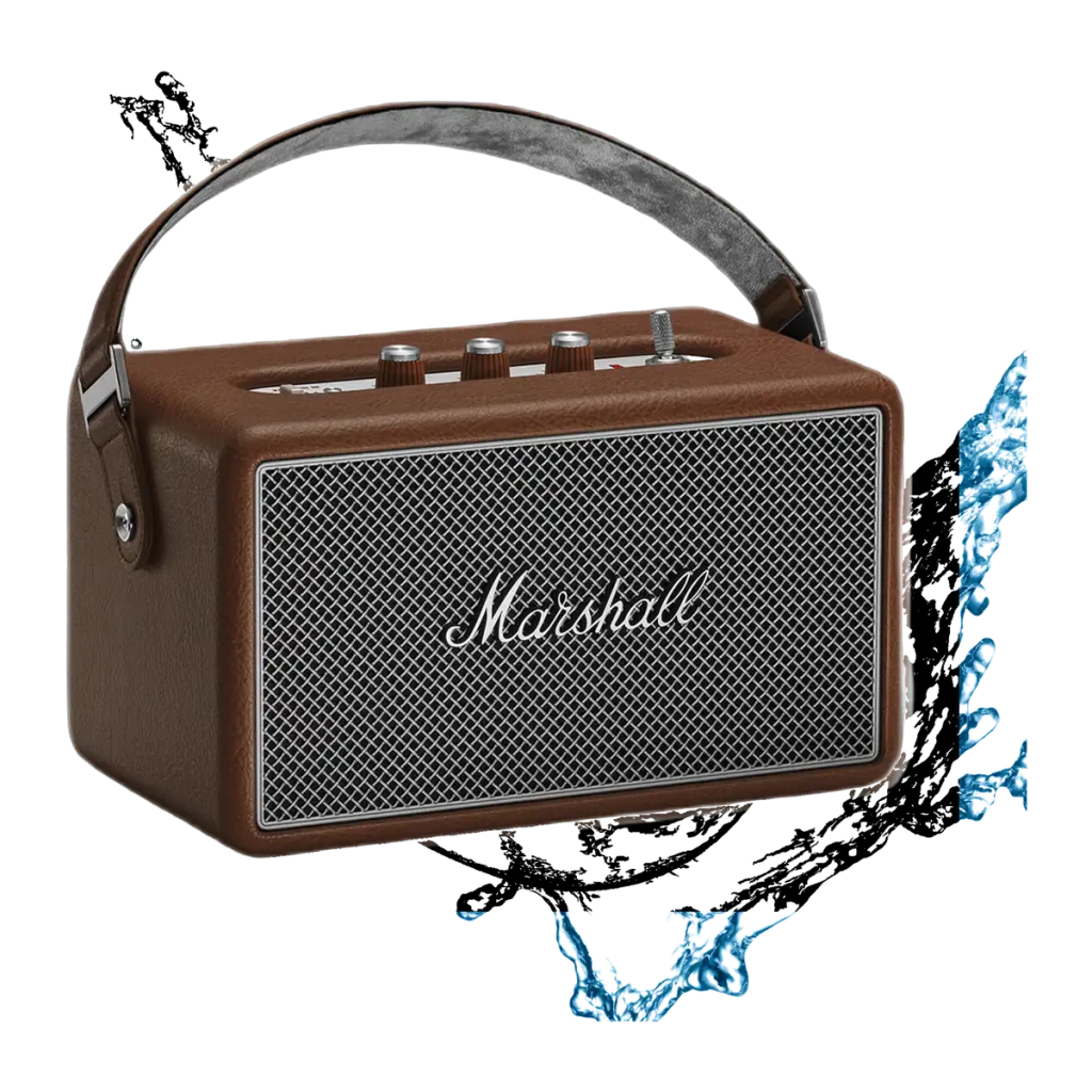 Altavoz Bluetooth Marshall Kilburn III IP54 50W 50h Marrón, vista en ángulo: rejilla frontal, mandos superiores y asa