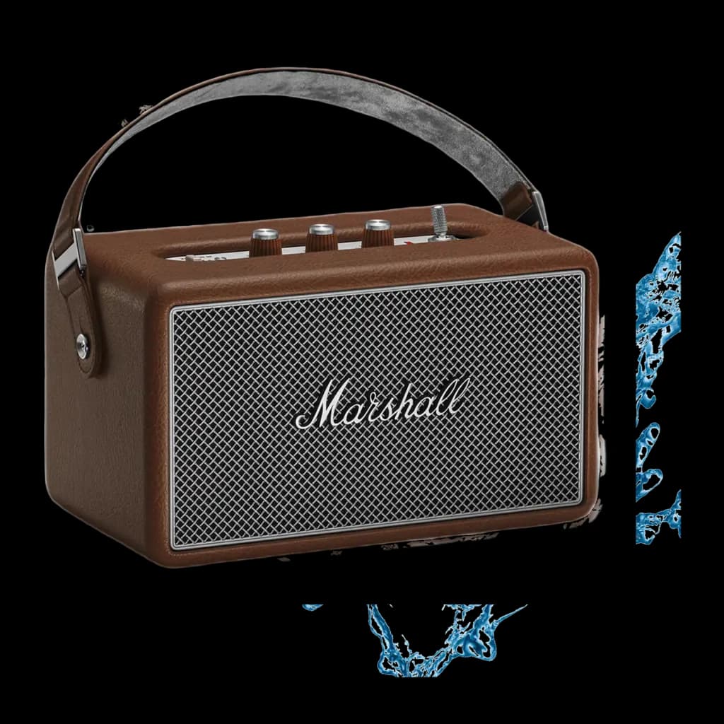 Coluna Bluetooth Marshall Kilburn III IP54 50W 50h Castanho, vista em ângulo: grelha frontal, botões superiores e pega
