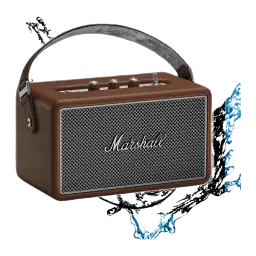 Coluna Bluetooth Marshall Kilburn III IP54 50W 50h Castanho, vista em ângulo: grelha frontal, botões superiores e pega