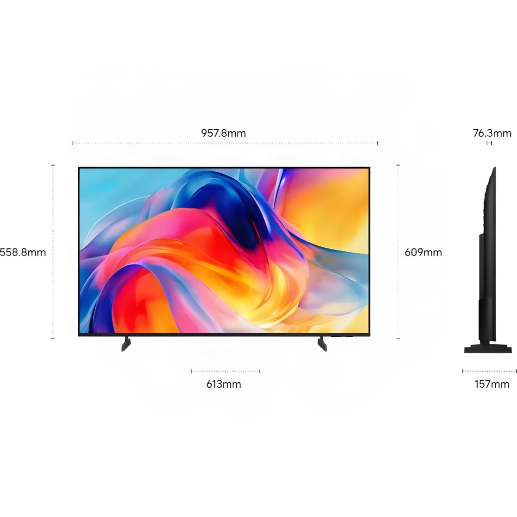 Samsung TU43M70HAU 43" 4K Smart TV negro, diagrama de dimensiones: vista frontal y lateral con medidas en mm