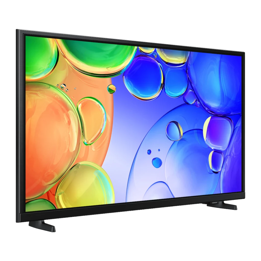 Samsung TQ32Q5FAAU 32 polegadas Full HD Smart TV preto, vista lateral: ecrã com bolhas coloridas e base de duas pernas
