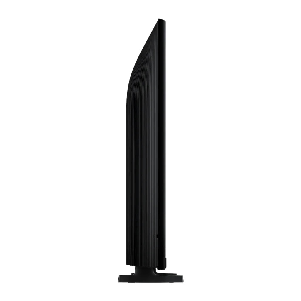 Samsung TQ32Q5FAAU 32 polegadas Full HD Smart TV preto, vista lateral: perfil fino com textura estriada e base