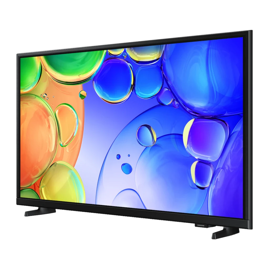 Samsung TQ32Q5FAAU 32 polegadas Full HD Smart TV preto, vista lateral: ecrã com bolhas coloridas, moldura fina e pés