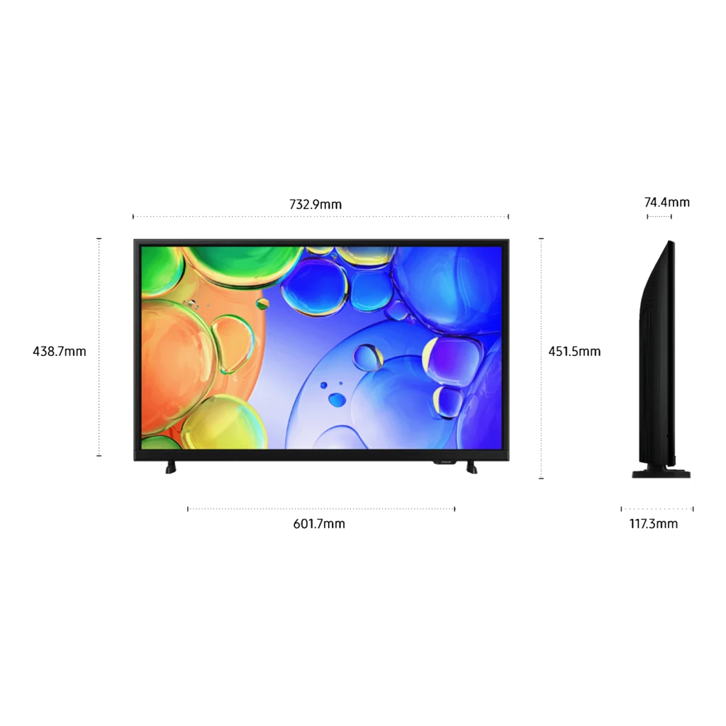 Samsung TQ32Q5FAAU 32 polegadas Full HD Smart TV preto, diagrama de dimensões: vista frontal e lateral com medidas em mm