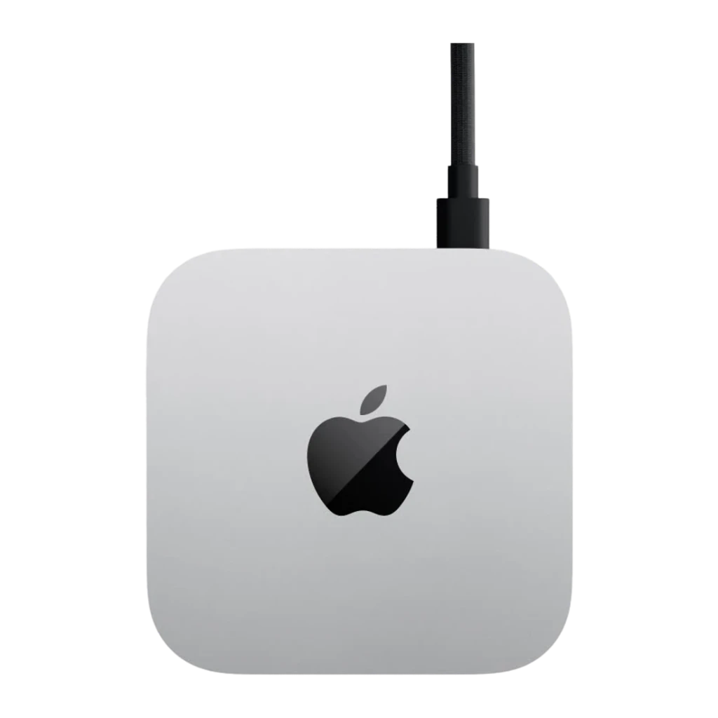 Apple Mac mini M6 16GB/256GB Plata SSD WiFi 7, vista superior: logo Apple centrado y cable trenzado negro conectado