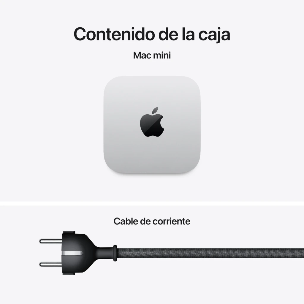 Apple Mac mini M6 16GB/512GB Plata WiFi 7 macOS, contenido de la caja: unidad plata vista superior y cable de corriente
