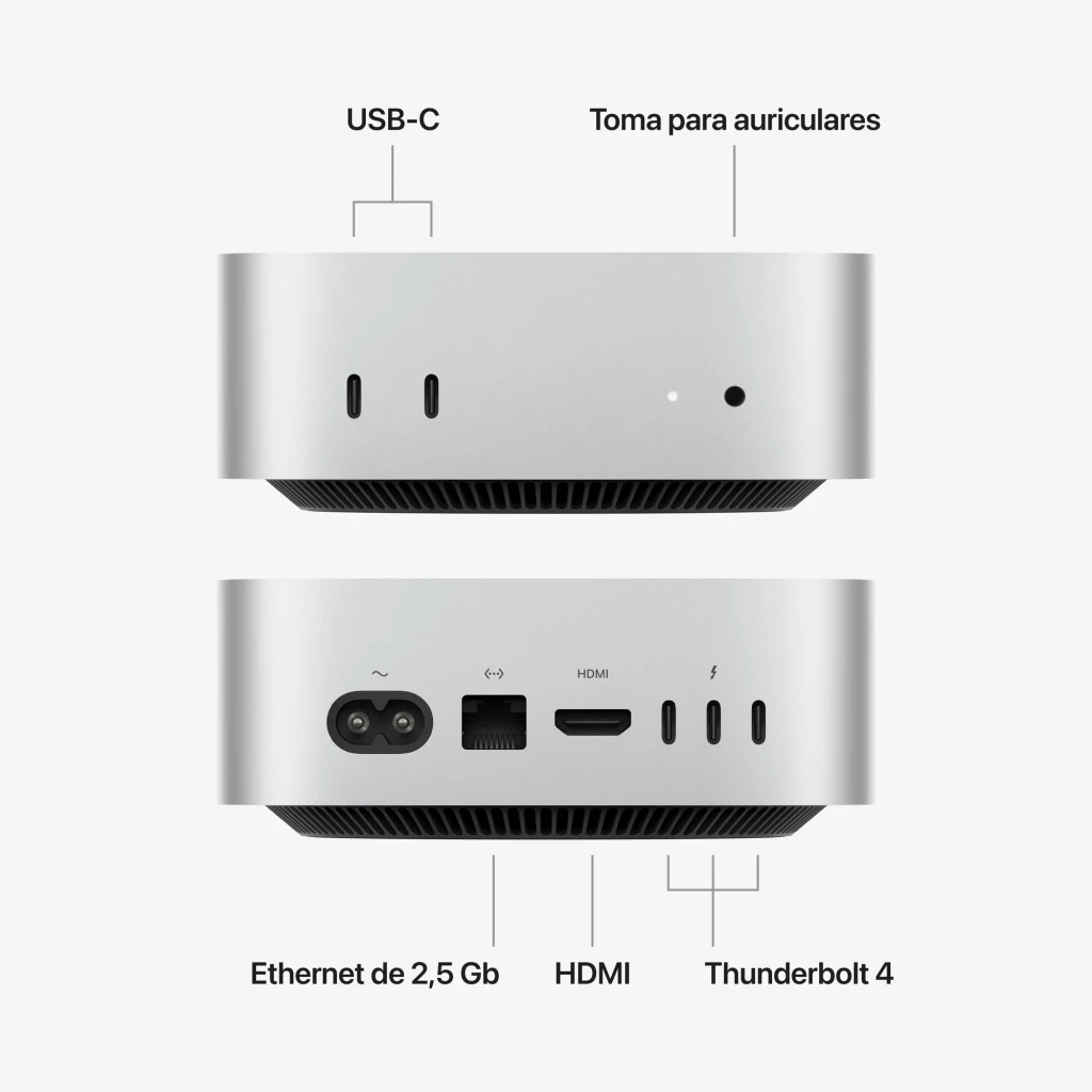 Apple Mac mini M6 16GB/512GB Plata WiFi 7 macOS, puertos frontal y trasero: USB-C, jack auriculares, Ethernet, HDMI