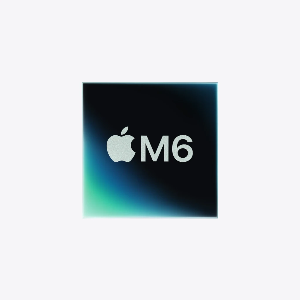 Apple Mac mini M6 16GB/512GB Plata WiFi 7 macOS, chip: logotipo Apple y texto M6 sobre chip oscuro con degradado azul verdoso
