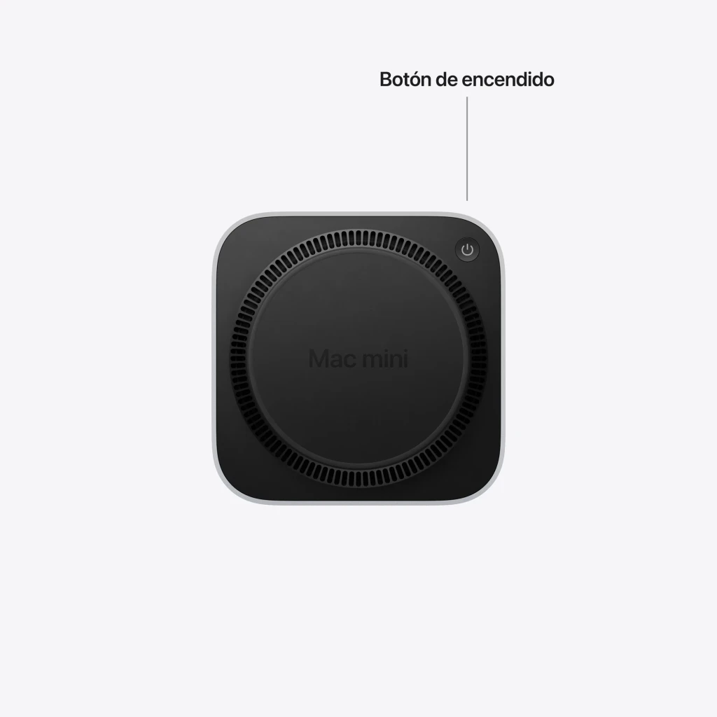 Apple Mac mini M6 16GB/512GB Plata WiFi 7 macOS, vista superior: rejilla circular y botón de encendido en esquina