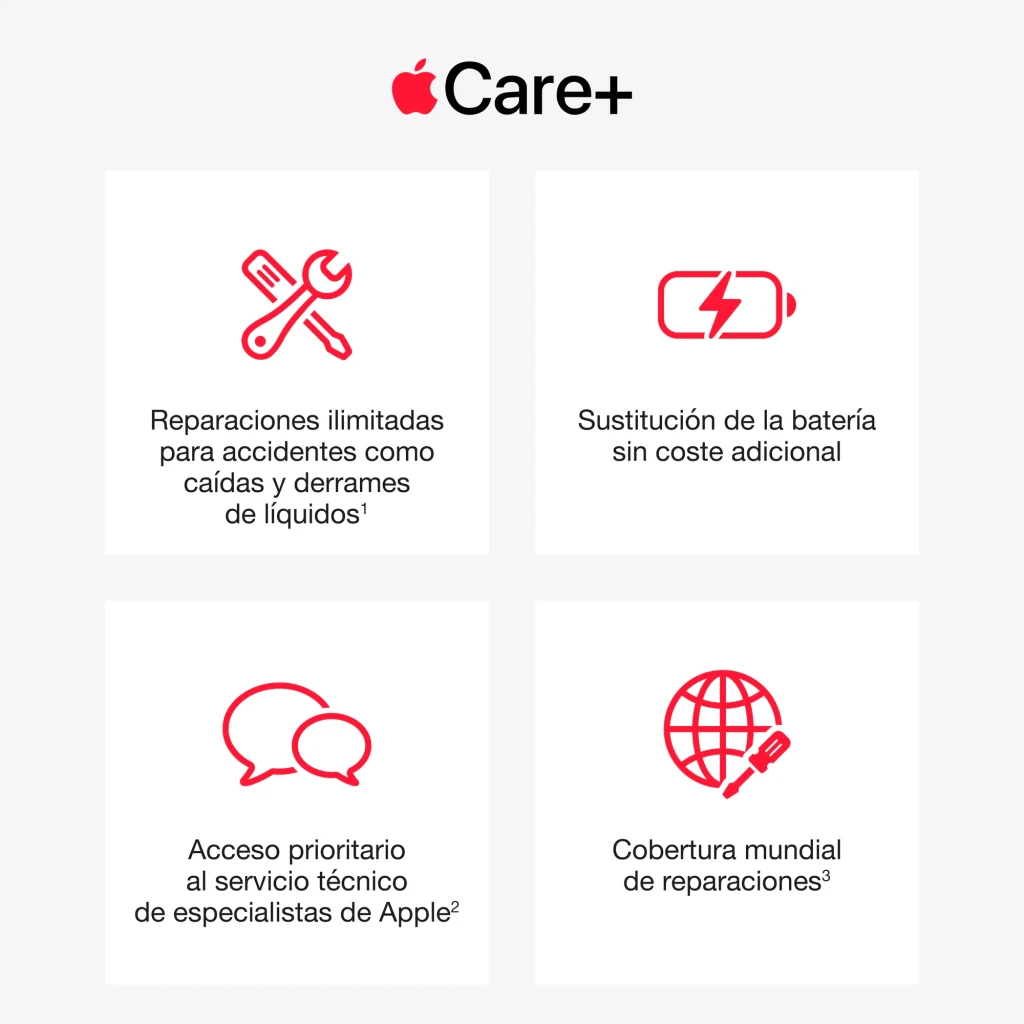 Apple Mac mini M6 16GB/512GB Plata WiFi 7 macOS, infografía AppleCare+: reparaciones, batería, soporte y cobertura mundial