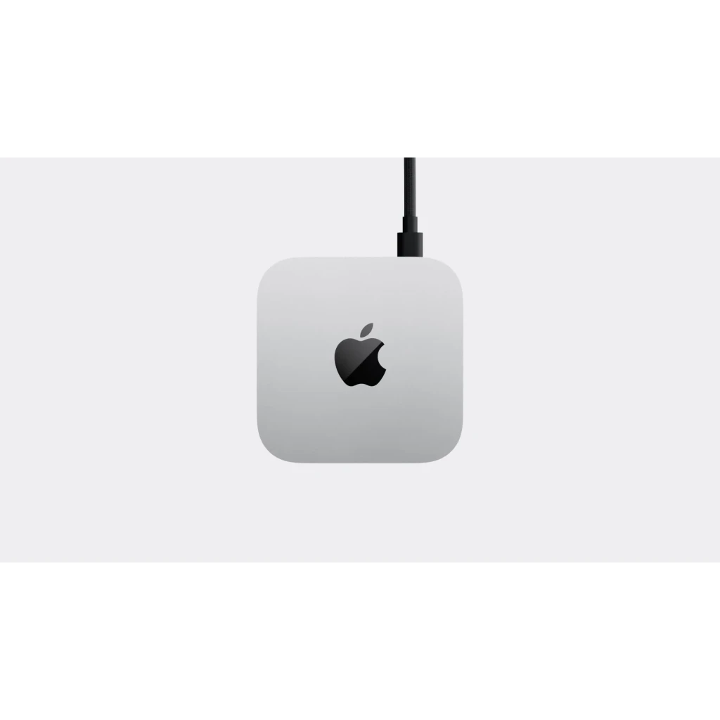 Apple Mac mini M6 24 Go/512 Go SSD Argent macOS, vue de dessus : logo Apple centré et câble connecté
