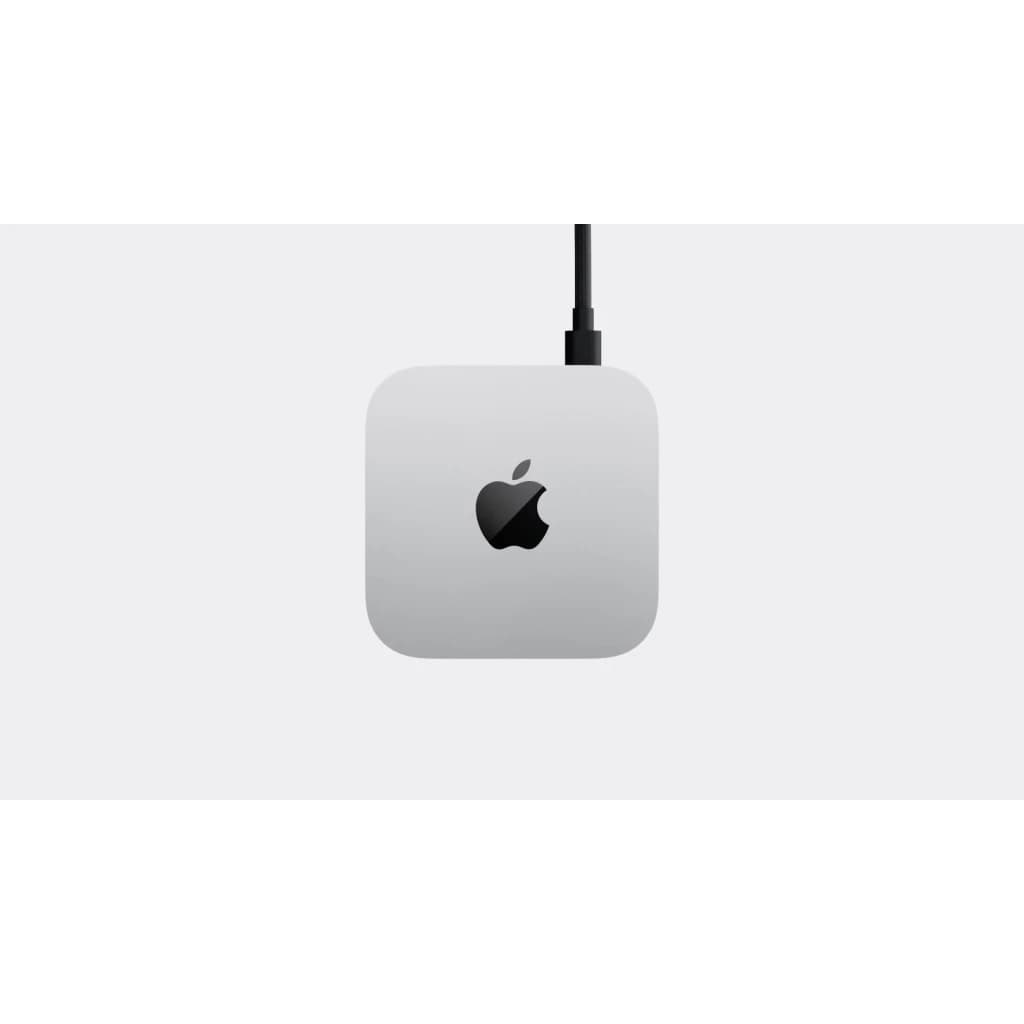 Apple Mac mini M6 24 Go/512 Go SSD Argent macOS, vue dessus: logo Apple centré et câble branché