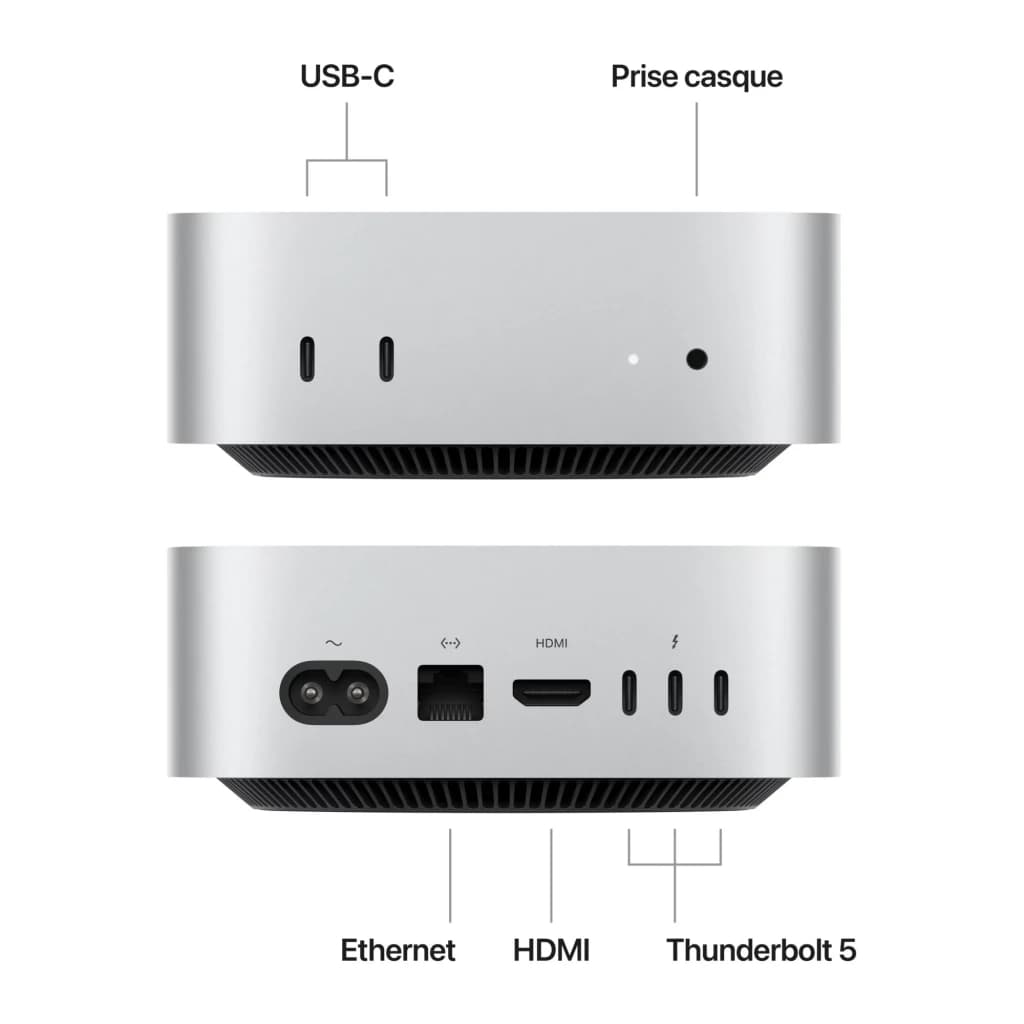 Apple Mac mini M6 24 Go/512 Go SSD Argent macOS, ports avant et arrière: USB-C, prise casque, Ethernet, HDMI et Thunderbolt 5