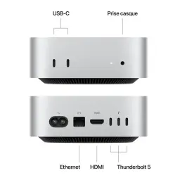 Apple Mac mini M6 24 Go/512 Go SSD Argent macOS, ports avant et arrière: USB-C, prise casque, Ethernet, HDMI et Thunderbolt 5