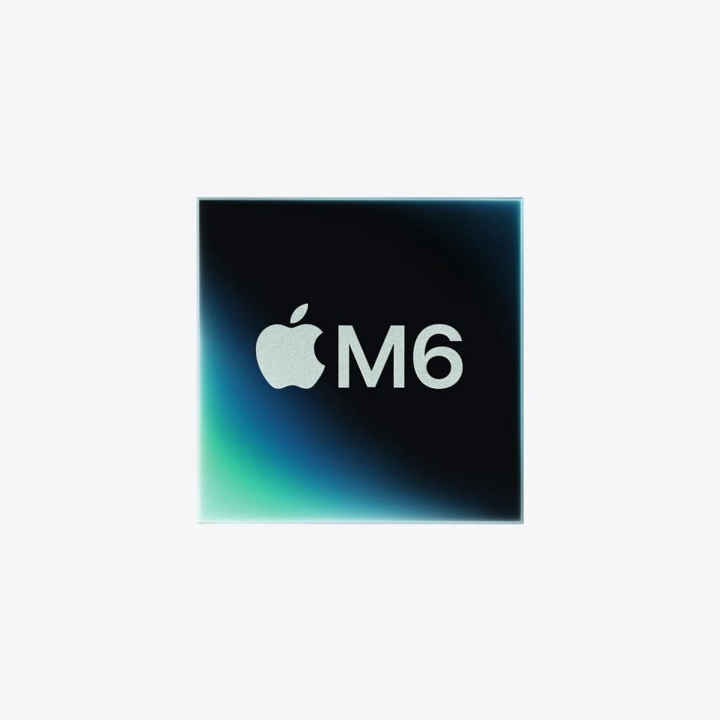 Apple Mac mini M6 24 Go/512 Go SSD Argent macOS, puce: logo Apple et texte M6 sur fond sombre avec dégradé bleu-vert