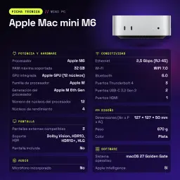Apple Mac mini M6 24 Go/512 Go Argent SSD NVMe WiFi 7 - caractéristiques
