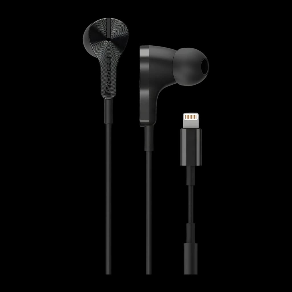 Écouteurs Pioneer Rayz Plus intra-auriculaires Lightning Noir, vue avant: deux écouteurs, câble et connecteur Lightning doré