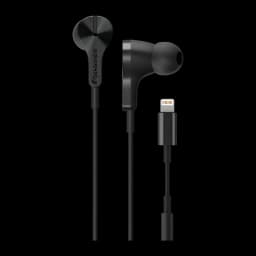 Écouteurs Pioneer Rayz Plus intra-auriculaires Lightning Noir, vue avant: deux écouteurs, câble et connecteur Lightning doré